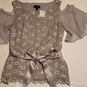 Gray Tan Sequin Tie Front Flutter Sleeve Blouse